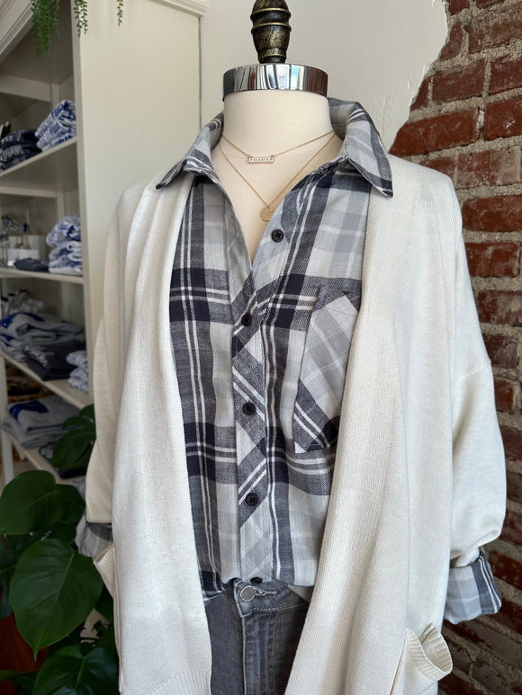 Beth Plaid Button up in Navy and Grey-Top-Carolyn Jane's Jewelry