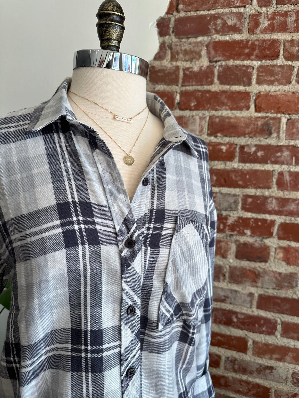 Beth Plaid Button up in Navy and Grey-Top-Carolyn Jane's Jewelry