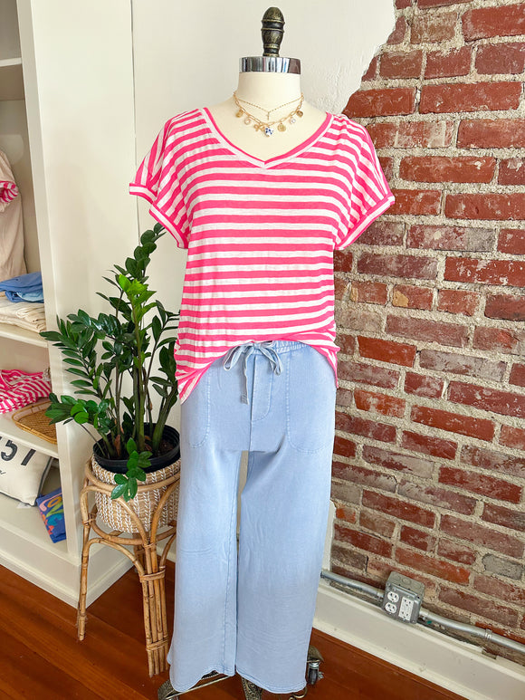 Breezy White and Hot Pink Stripe V-Neck Top-top-Carolyn Jane's Jewelry