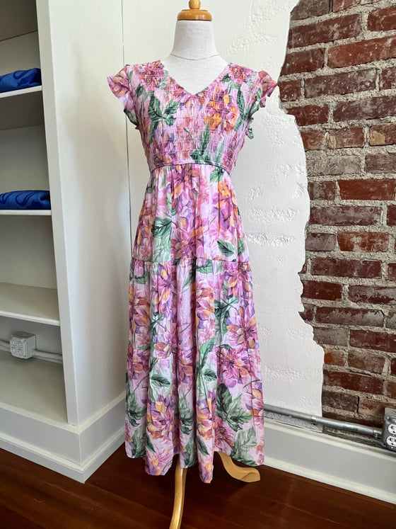 Brooklyn V-Neck Floral Smocked Midi Dress - Pink-Dress-Carolyn Jane's Jewelry