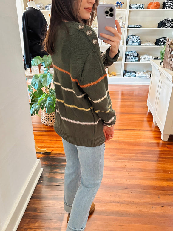 Cable Knit Striped Button Sweater-Carolyn Jane's Jewelry