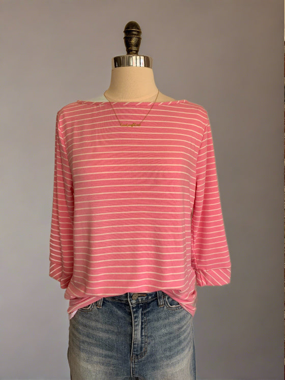 Callie Classic Striped Three Quarter Length Top - Hot Pink-Top-Carolyn Jane's Jewelry