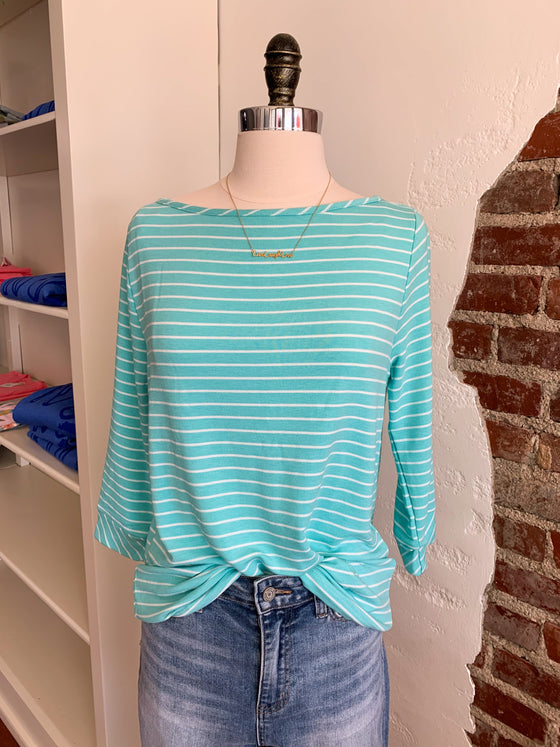 Callie Classic Striped Three Quarter Length Top - Turquoise-Top-Carolyn Jane's Jewelry
