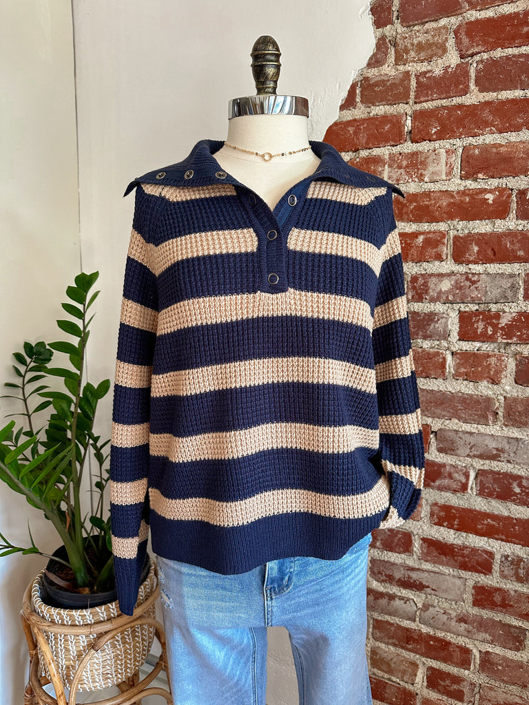 Clare Chunky Knit Striped Sweater with Color - Navy-sweater-Carolyn Jane's Jewelry