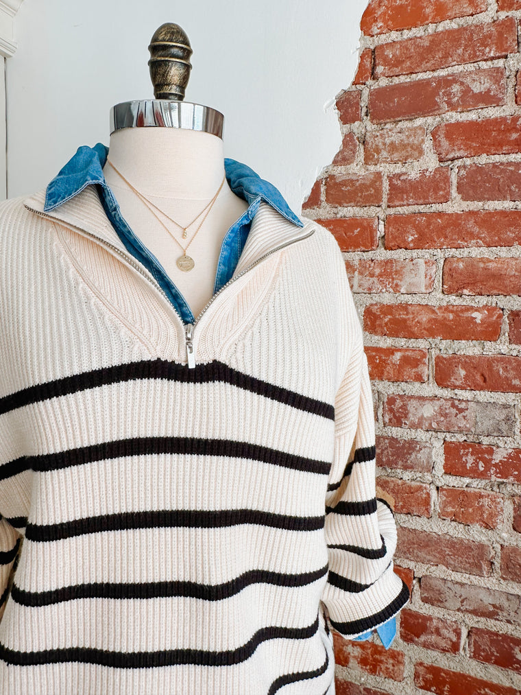 Classic Stripe Knit Half Zip-Pullover Sweater-Carolyn Jane's Jewelry