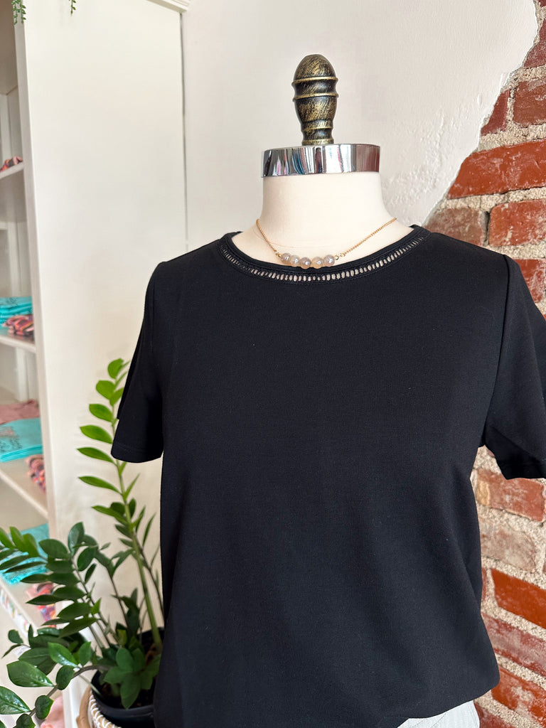 Dani Detailed Neckline Tee in Black-Top-Carolyn Jane's Jewelry