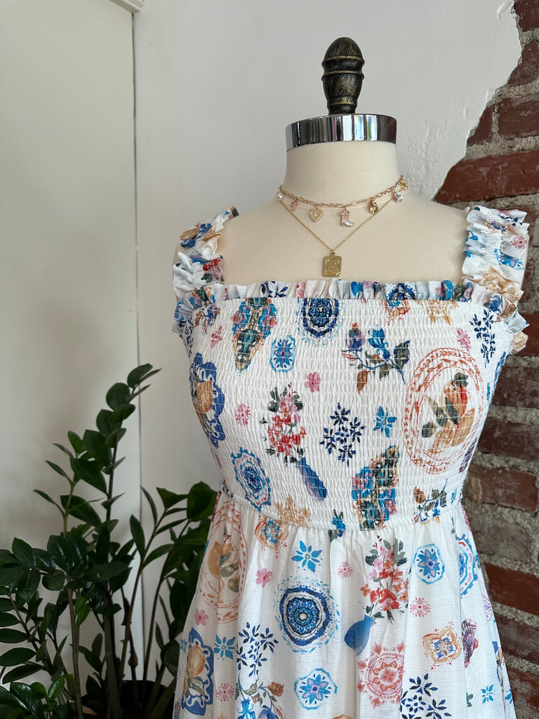 Faith Summer Print Smocked Sleeveless Dress - Blue Multi-DRESS-Carolyn Jane's Jewelry