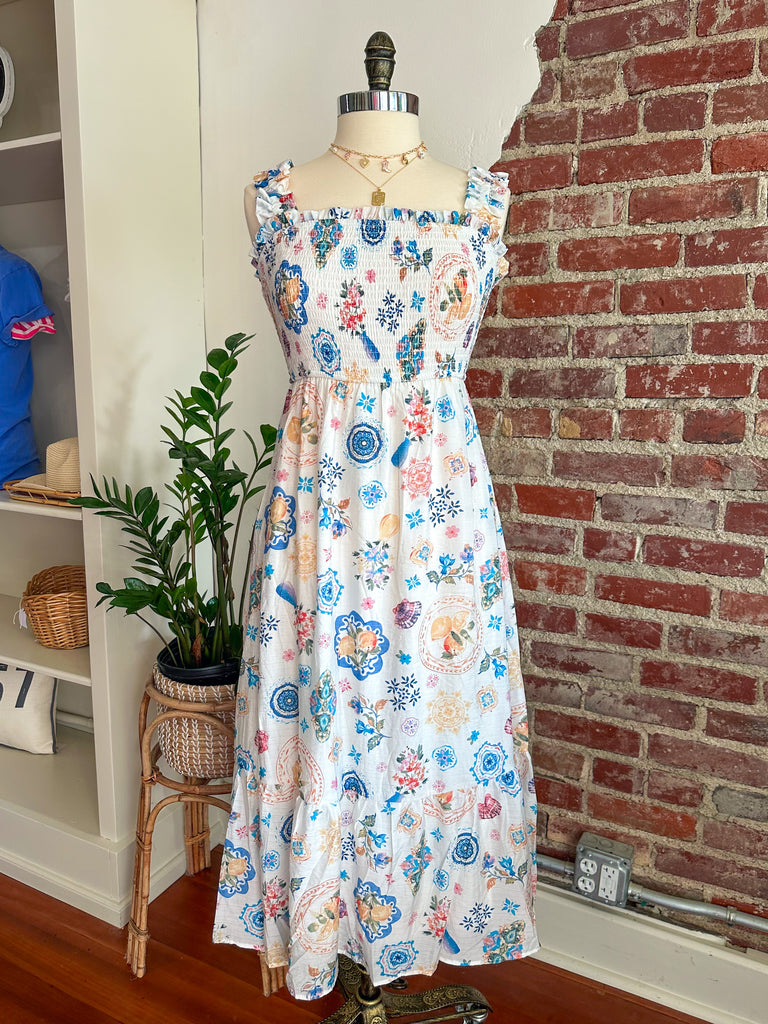 Faith Summer Print Smocked Sleeveless Dress - Blue Multi-DRESS-Carolyn Jane's Jewelry