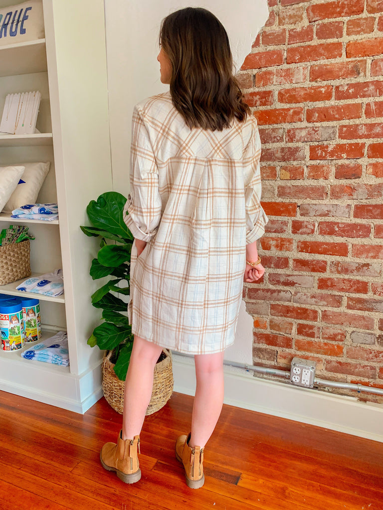 Ivory Plaid Button Up Shacket Dress-Dresses-Carolyn Jane's Jewelry