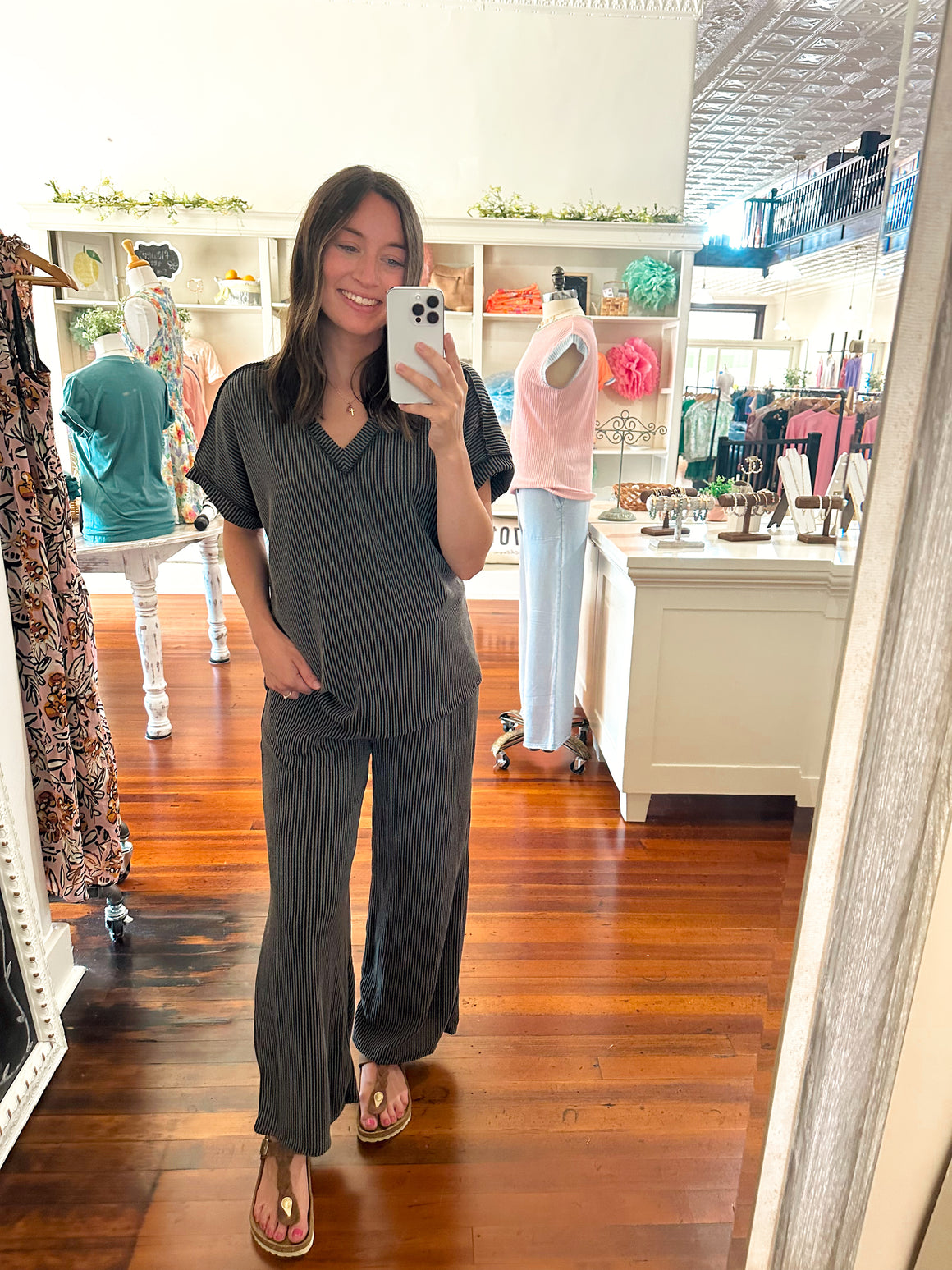 Jenna Ribbed V-Neck Top - Charcoal-PANTS-Carolyn Jane's Jewelry