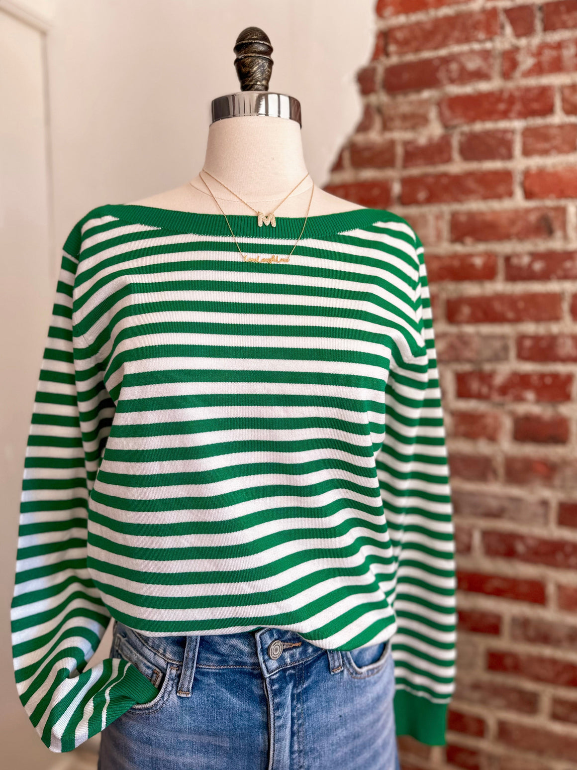 Kelly Green Striped Boat Neck Pullover Sweater-sweater-Carolyn Jane's Jewelry