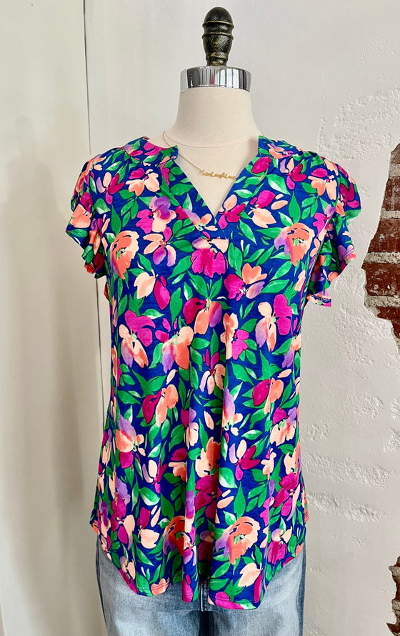 Lily V-Neck Flutter Sleeve Floral Top-Top-Carolyn Jane's Jewelry