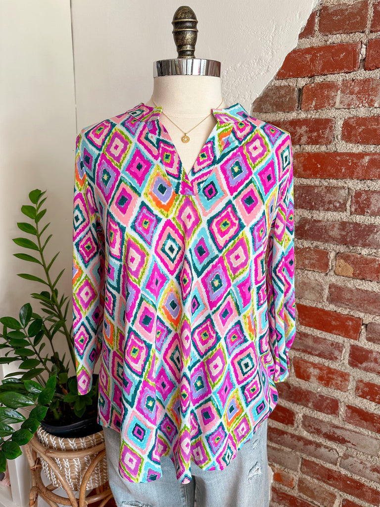 Lizzy V-Neck 3/4 Sleeve Abstract Top - Multi Color Diamond-Top-Carolyn Jane's Jewelry