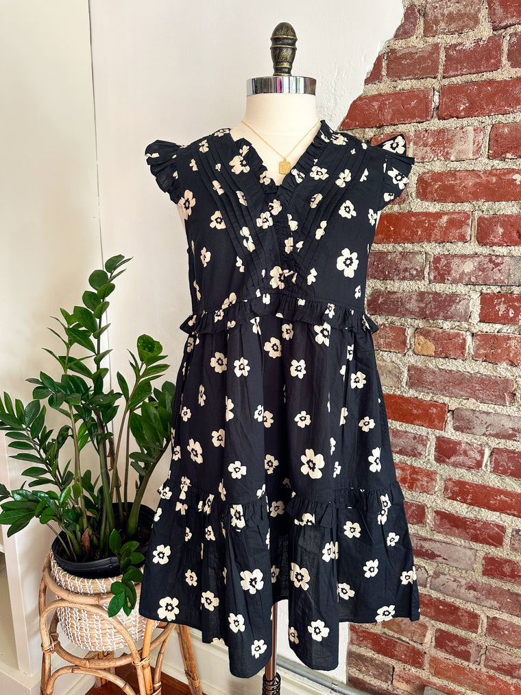 Reeves Flower Flounce Dress - Black-dress-Carolyn Jane's Jewelry