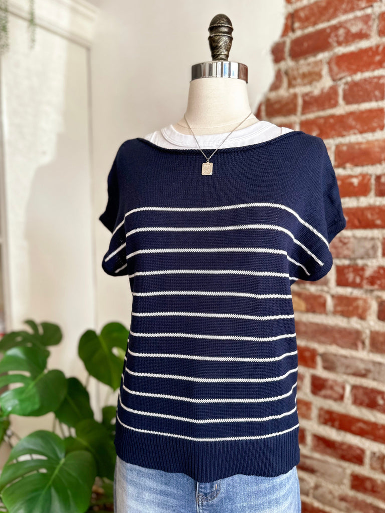 Sailor Navy and White Boat Neck Short Sleeve Sweater-Carolyn Jane's Jewelry