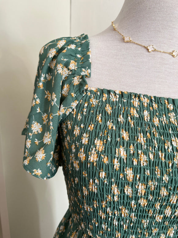 Sarah Floral Flutter Sleeve Smocked Midi Dress - Sage-Dress-Carolyn Jane's Jewelry