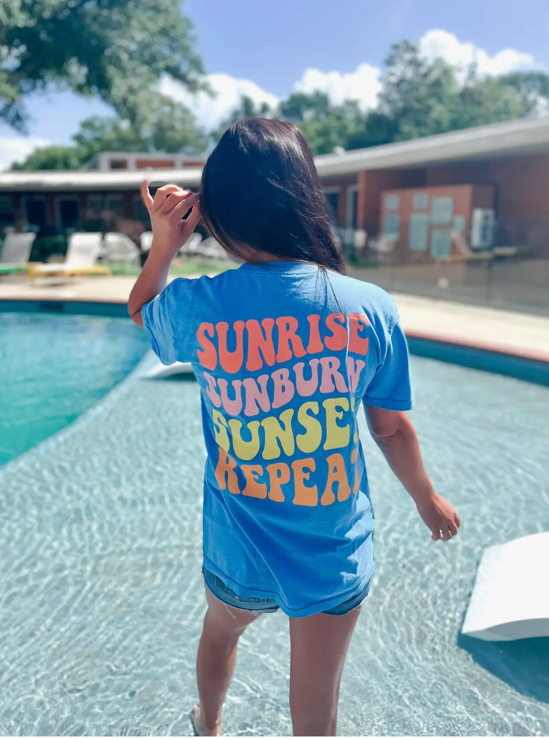 Sunrise Sunburn Sunset Repeat T-Shirt Blue-Carolyn Jane's Jewelry