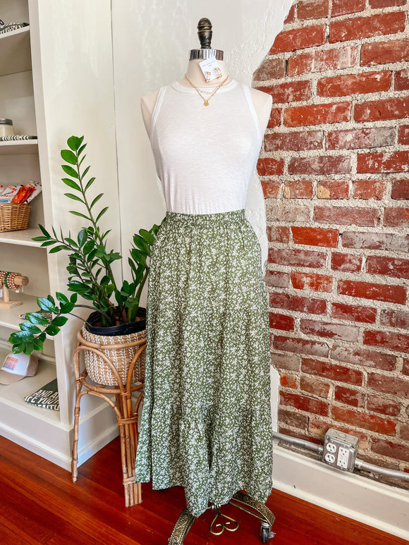 Tessa Tiered Floral Midi Skirt in Sage-Skirt-Carolyn Jane's Jewelry