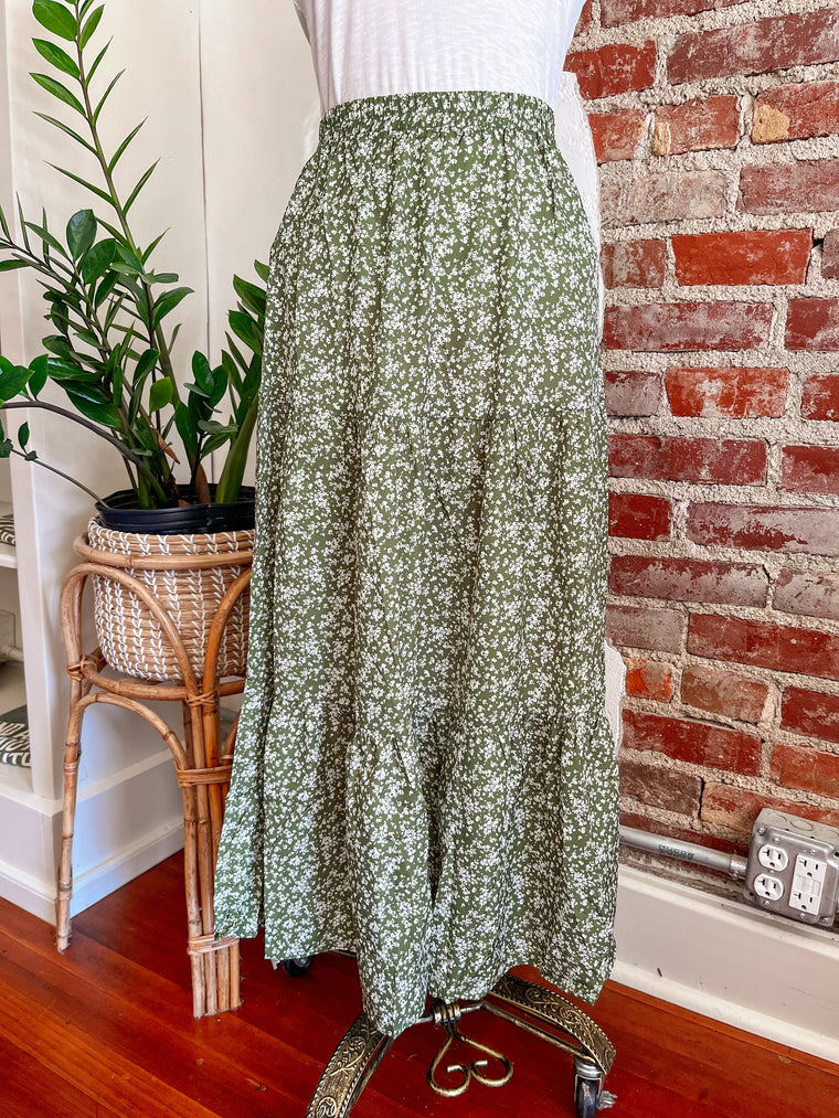 Tessa Tiered Floral Midi Skirt in Sage-Skirt-Carolyn Jane's Jewelry