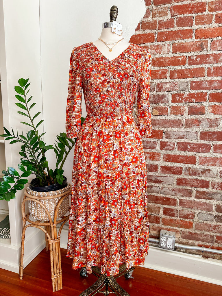 The Carina Floral Midi Dress - Rust-Dress-Carolyn Jane's Jewelry