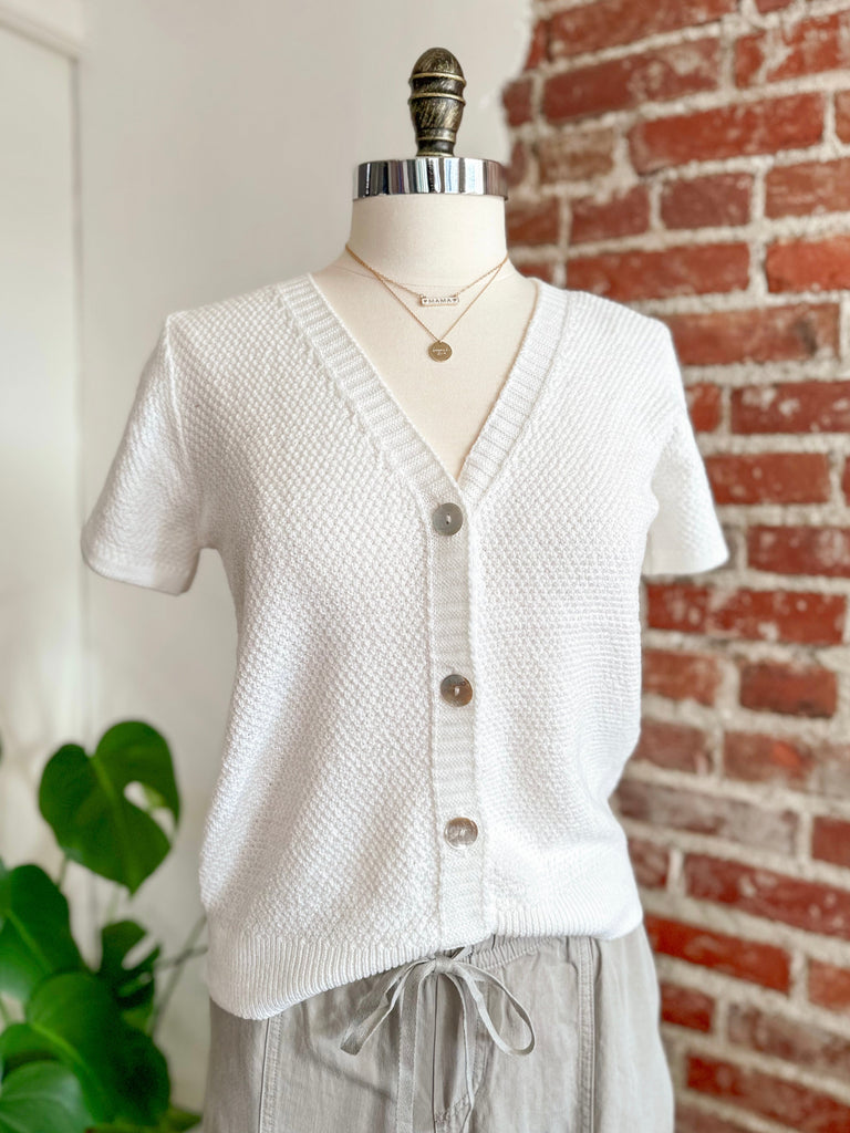 White Waffle V-Neck Short Sleeve Sweater-Carolyn Jane's Jewelry