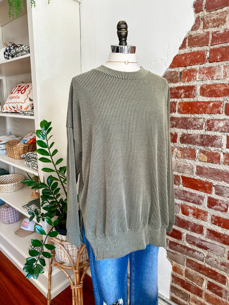 Winnie Oversized Ribbed Sweatshirt - Olive-Sweatshirt-Carolyn Jane's Jewelry