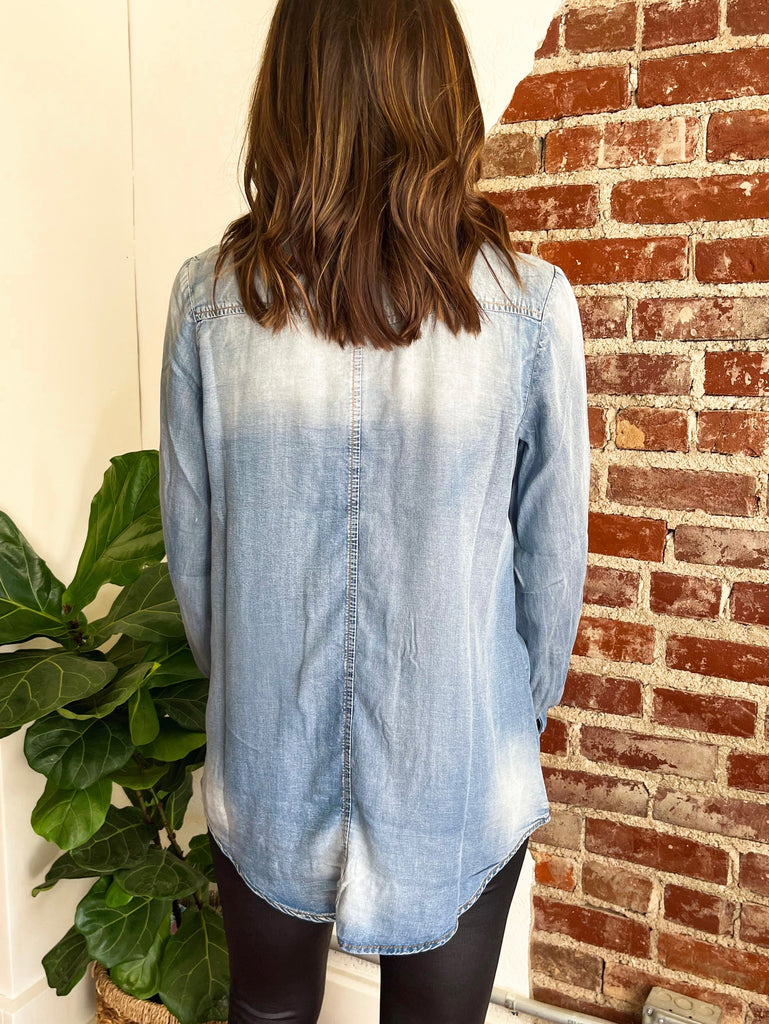 Dawn Denim Long Sleeve Button Shirt with Side Pockets-Top-Carolyn Jane's Jewelry
