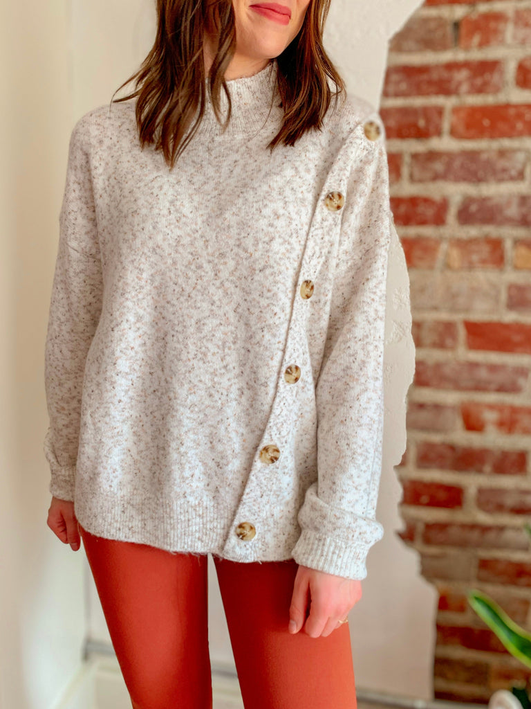 Lauren Ivory Button Detailed Mock Neck Two-Tone Sweater-Pullover Sweater-Carolyn Jane's Jewelry