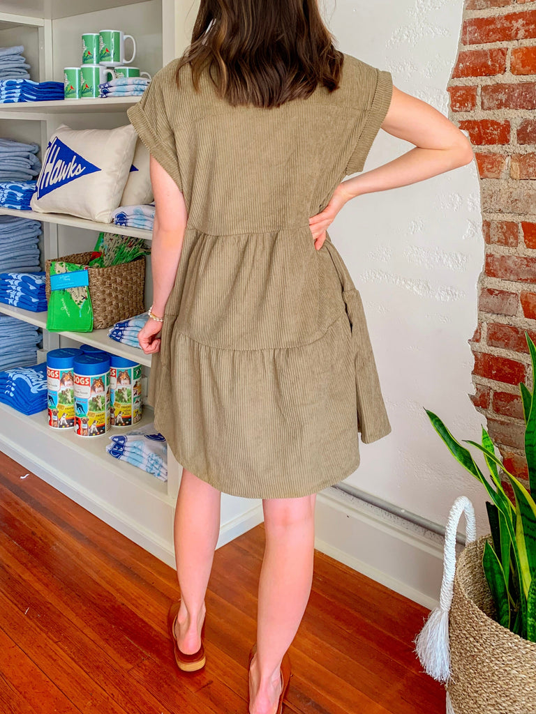 Olivia Tiered Corduroy Dress in Olive-Dresses-Carolyn Jane's Jewelry