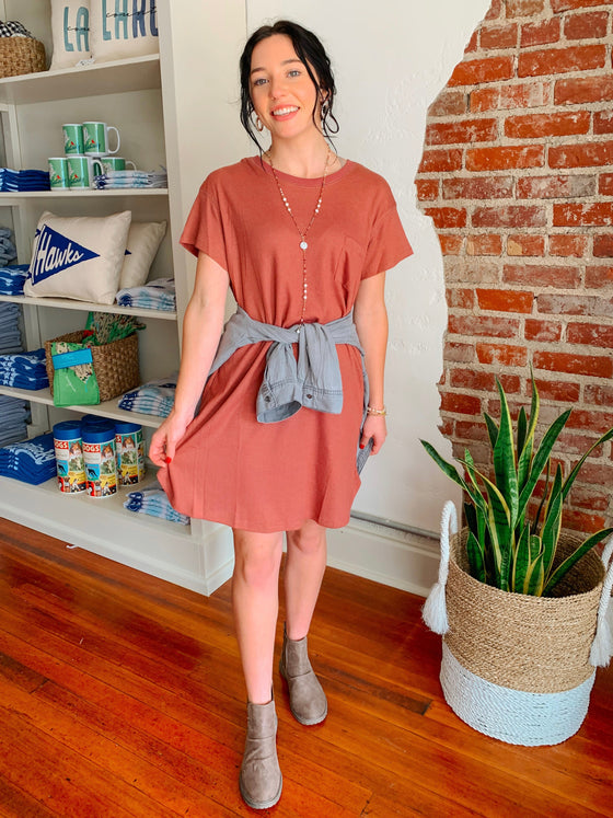 Soft Waffle T-Shirt Dress in Red Bean-Dresses-Carolyn Jane's Jewelry