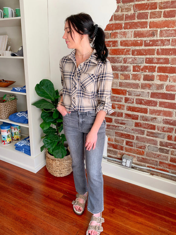 The Dallas Plaid Button Down Shirt in Beige-Top-Carolyn Jane's Jewelry