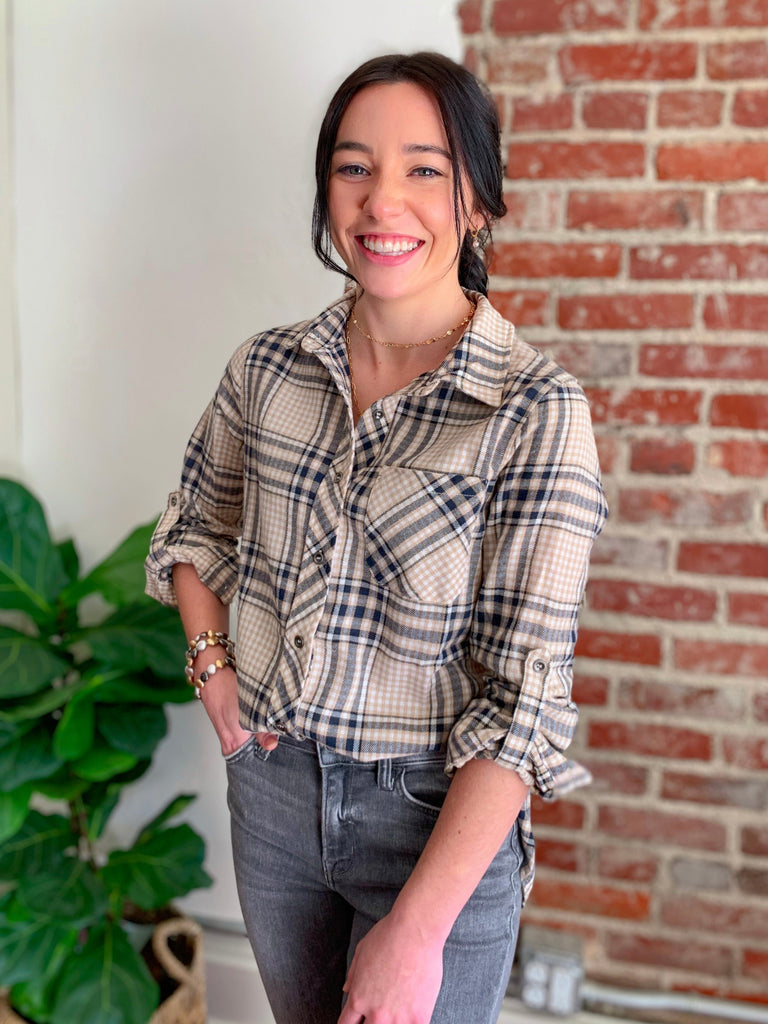 The Dallas Plaid Button Down Shirt in Beige-Top-Carolyn Jane's Jewelry