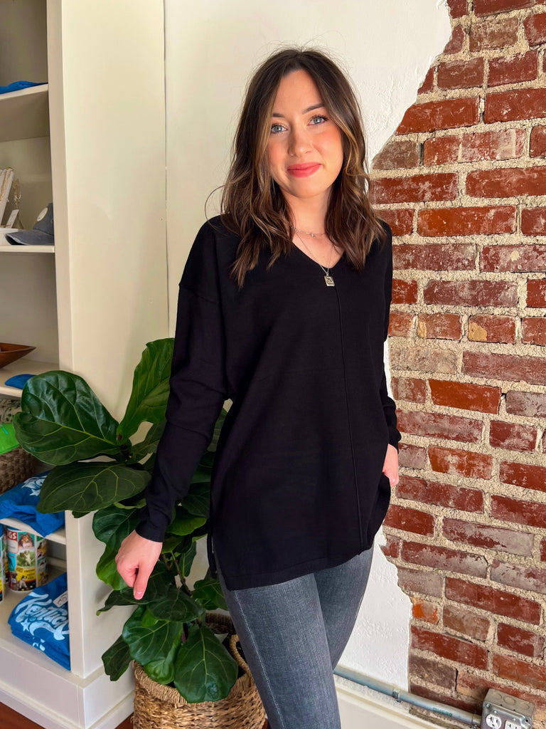 The Gilmore V-Neck Knit Top in Black-Top-Carolyn Jane's Jewelry