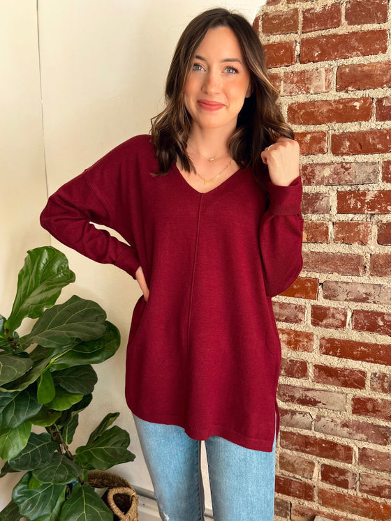 The Gilmore V-Neck Knit Top in Wine-Top-Carolyn Jane's Jewelry