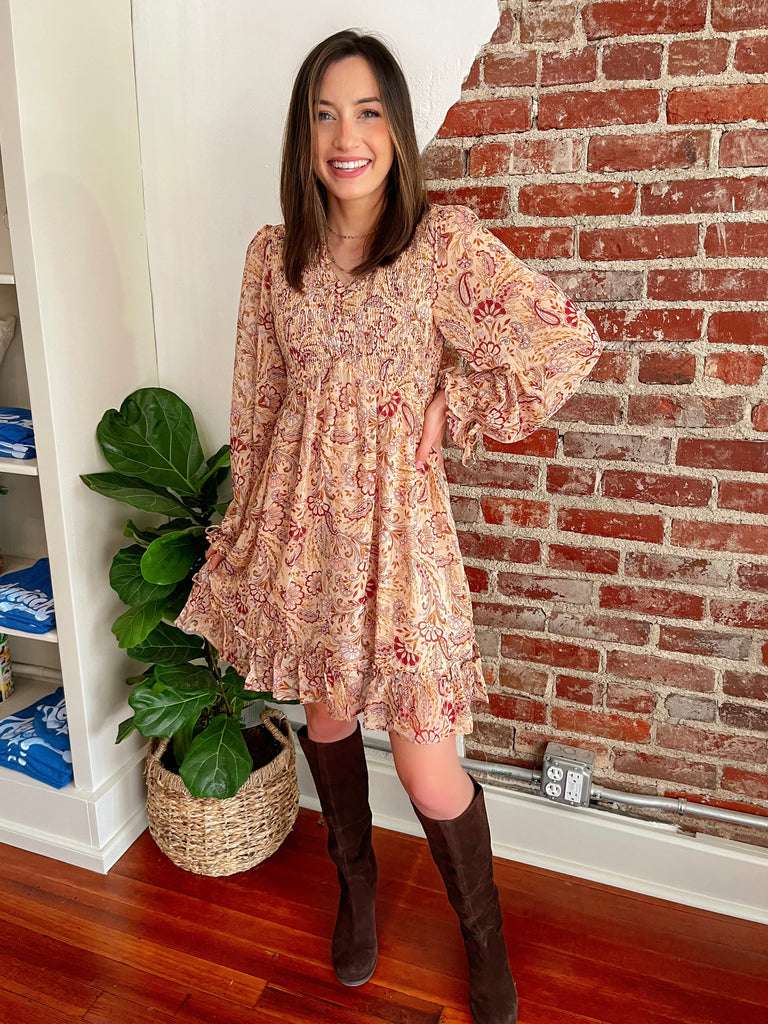 The Hailey Floral Long Sleeve Dress in Cream-Dresses-Carolyn Jane's Jewelry