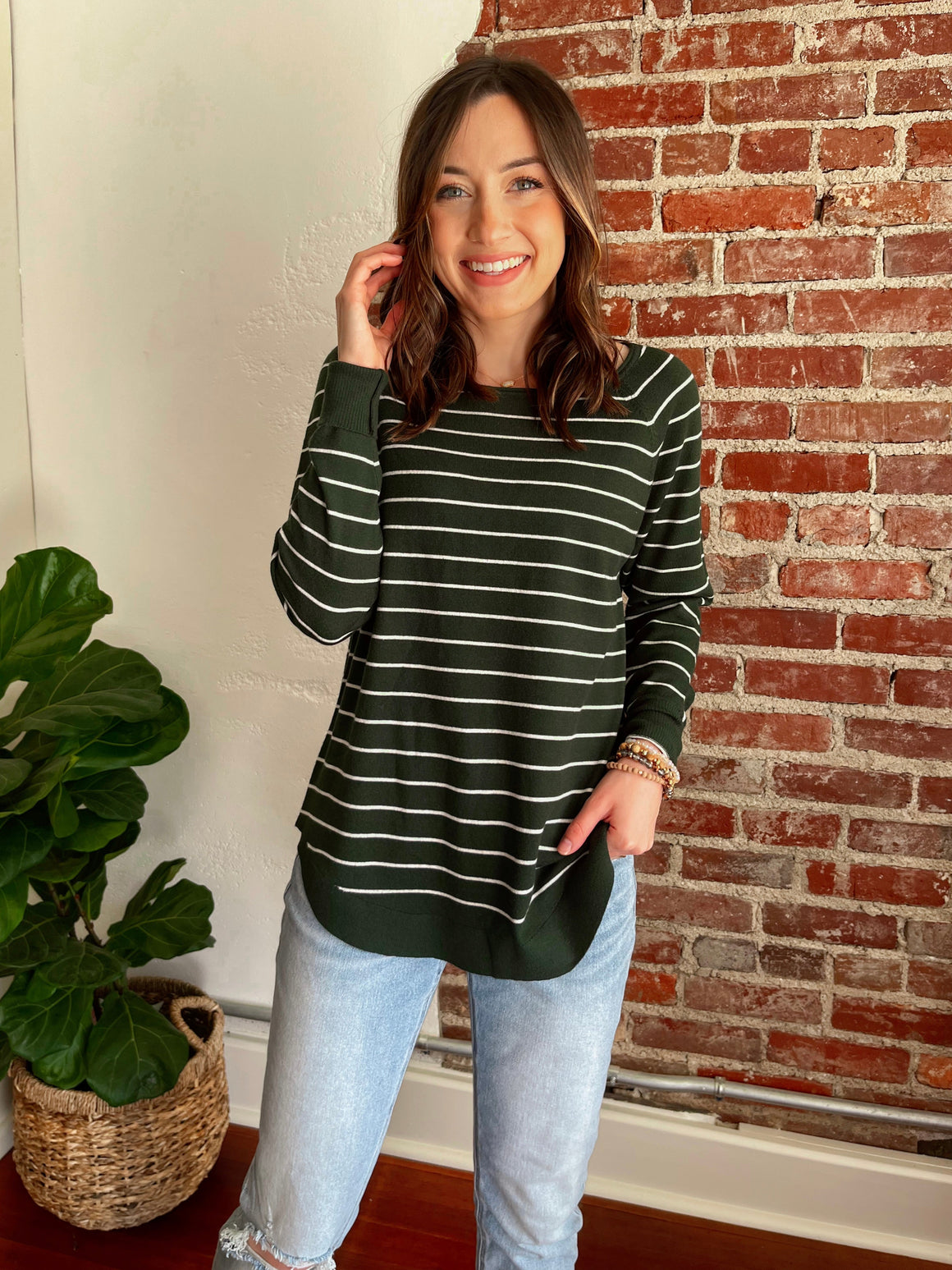 The Jess Knit Top in Hunter Green Stripes-Top-Carolyn Jane's Jewelry